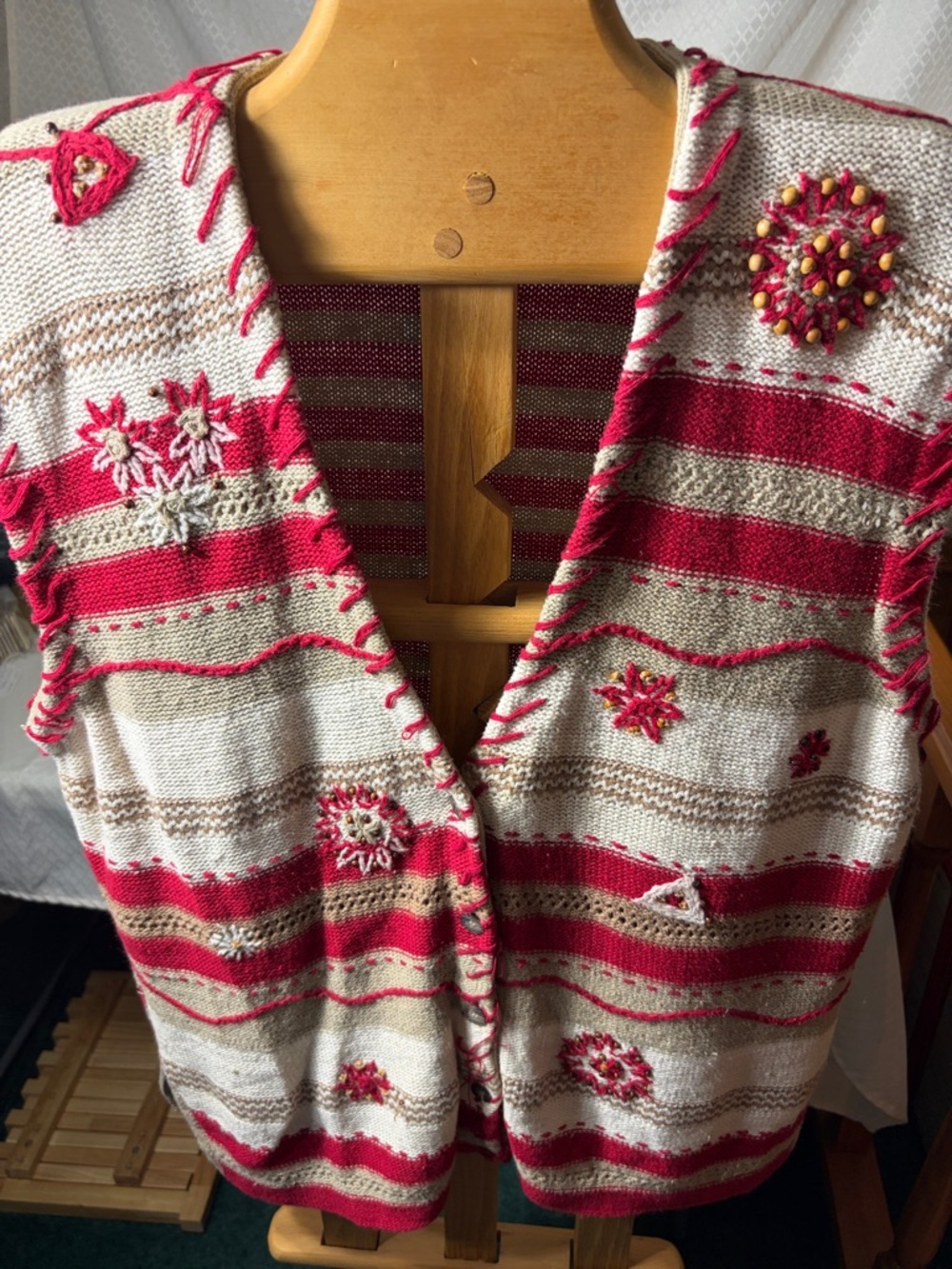Striped Red and Cream Embroidered Sweater Vest
